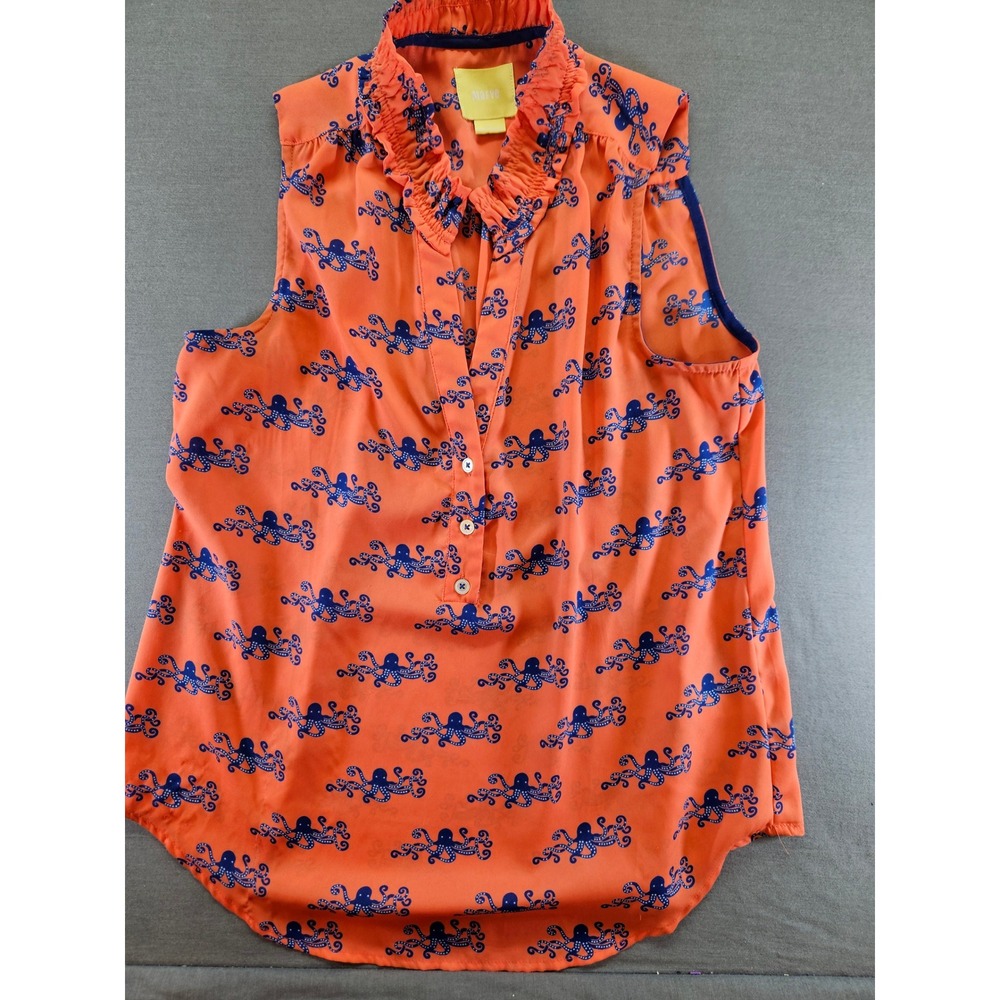 Maeve Anthropologie Orange Blue Octopus Print Ruffle Neck Sleeveless Blouse 4